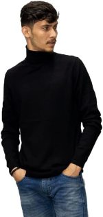 Black High Neck Pullover For Men, Winter Turtal Slim High Neck. - Image 3